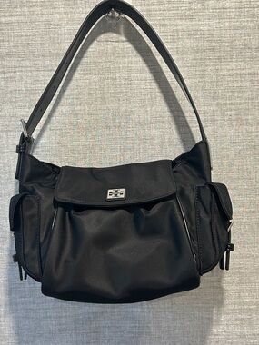 Tory Burch Black Nylon Shoulder Bag with Silver-Tone Logo